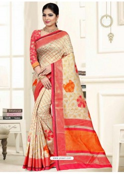 Awesome Off White Raw Silk Embroidered Sari