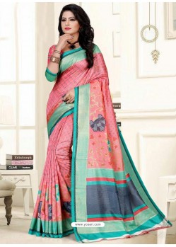 Trendy Pink Raw Silk Embroidered Sari