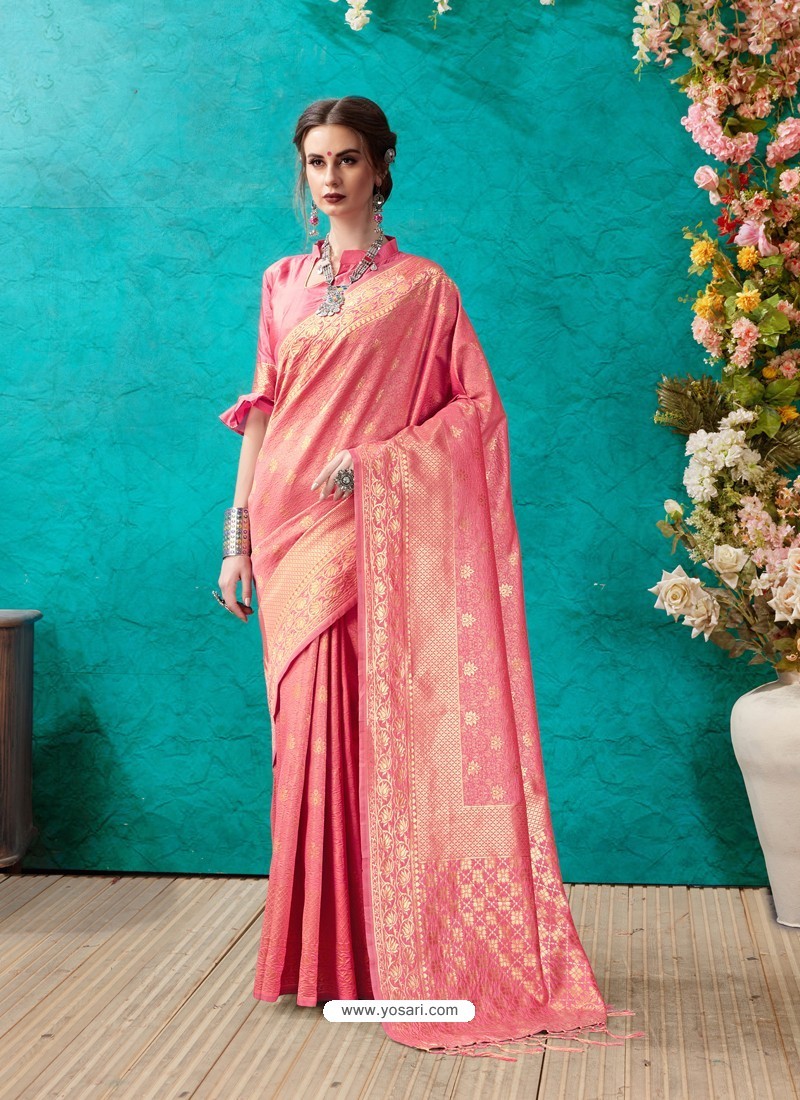 Buy Classy Peach Designer Banarasi Silk Sari | Party Wear Sarees