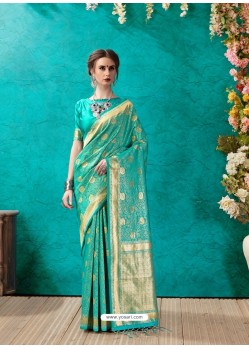 Classy Aqua Mint Designer Banarasi Silk Sari