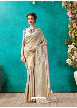 Classy Light Grey Designer Banarasi Silk Sari