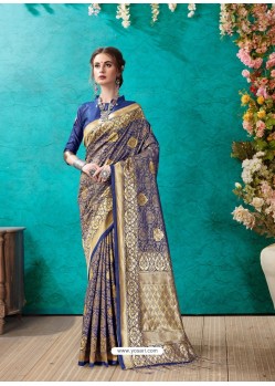 Classy Dark Blue Designer Banarasi Silk Sari