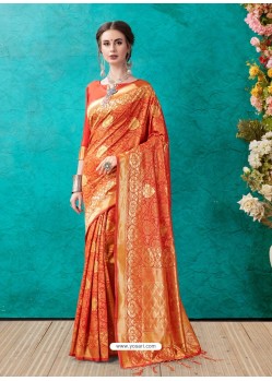 Classy Orange Designer Banarasi Silk Sari