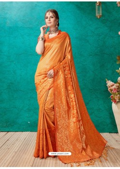 Classy Orange Designer Banarasi Silk Sari