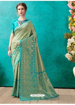 Classy Turquoise Designer Banarasi Silk Sari