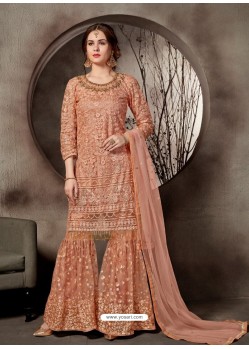 Fabulous Light Orange Embroidered Palazzo Salwar Suit