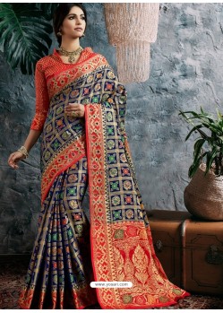 Classy Navy Blue Designer Banarasi Silk Sari