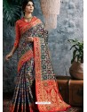 Classy Navy Blue Designer Banarasi Silk Sari