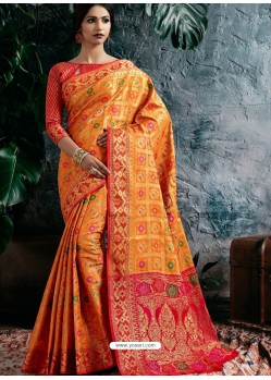 Classy Orange Designer Banarasi Silk Sari