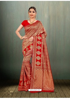 Awesome Red Banarasi Silk Embroidered Sari