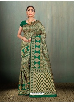 Trendy Dark Green Banarasi Silk Embroidered Sari