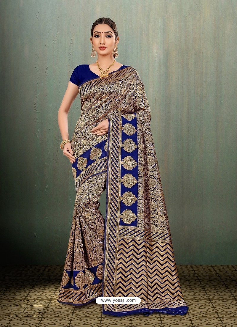 Buy Trendy Royal Blue Banarasi Silk Embroidered Sari | Party Wear Sarees