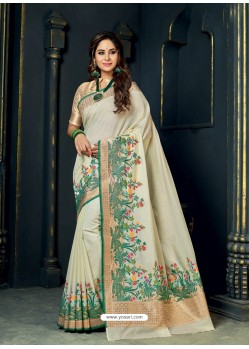 Classy Off White Designer Silk Sari