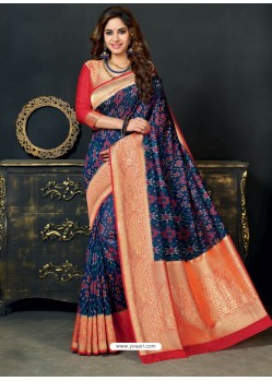 Awesome Navy Blue Designer Silk Sari