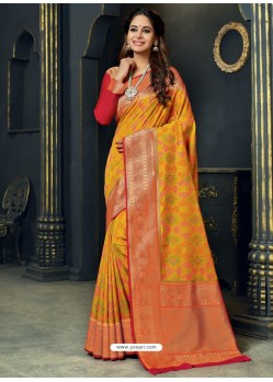 Trendy Mustard Designer Silk Sari