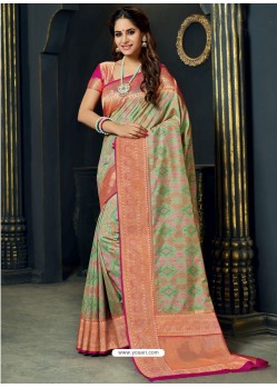 Awesome Olive Green Designer Silk Sari