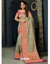 Awesome Olive Green Designer Silk Sari