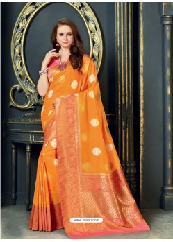 Classy Orange Designer Silk Sari