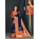 Classy Navy Blue Designer Silk Sari