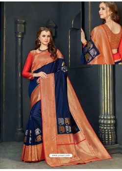 Classy Navy Blue Designer Silk Sari