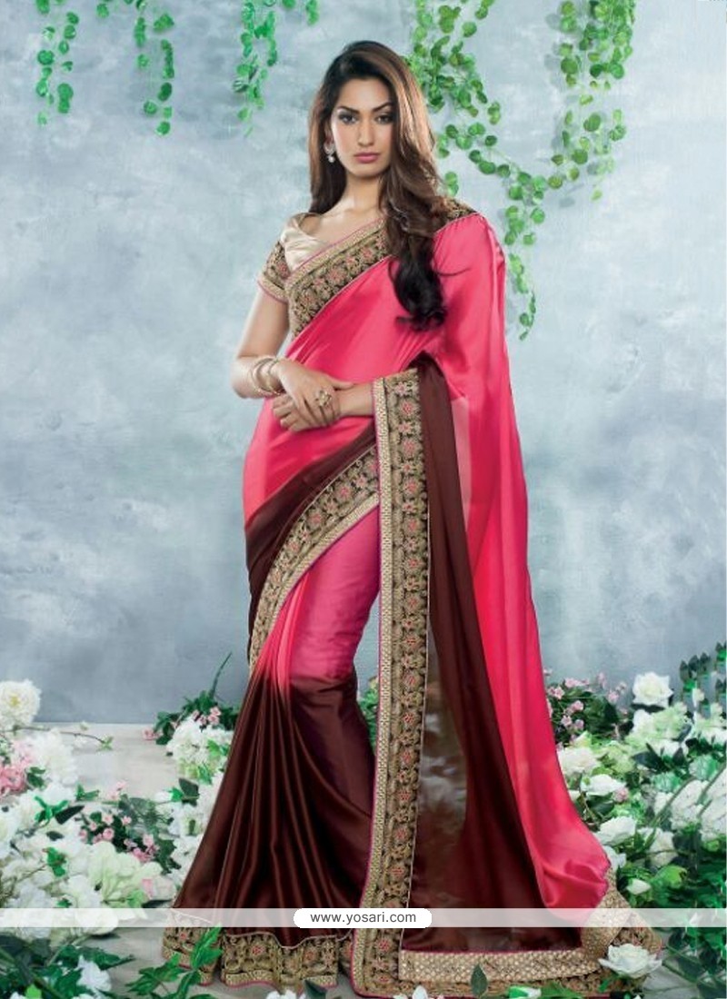 Hot Pink And Brown Satin Georgette Saree