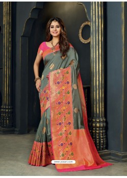 Classy Grey Designer Silk Sari