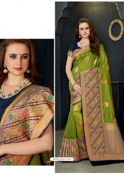 Classy Parrot Green Designer Silk Sari