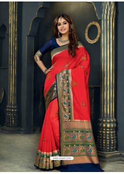 Classy Red Designer Silk Sari