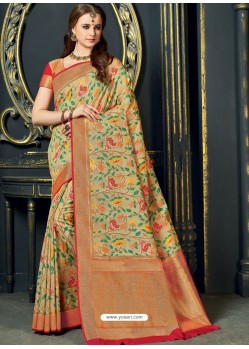 Awesome Beige Designer Silk Sari