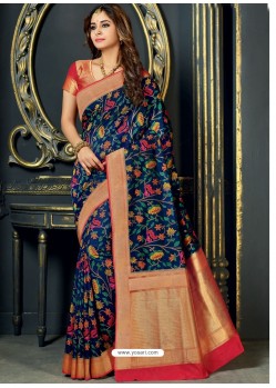 Awesome Navy Blue Designer Silk Sari