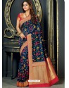 Awesome Navy Blue Designer Silk Sari