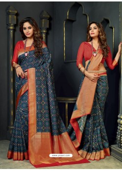 Classy Navy Blue Designer Silk Sari