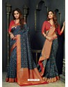 Classy Navy Blue Designer Silk Sari