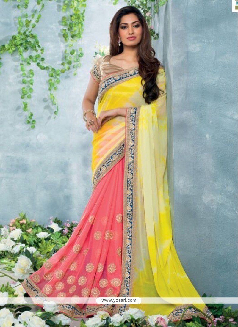 Yellow And Pink Chiffon Designer Saree