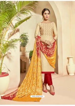 Fabulous Cream Embroidered Designer Straight Salwar Suit