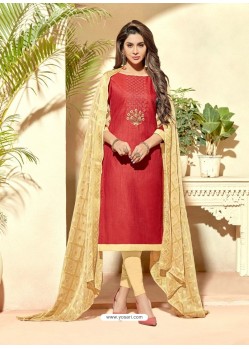 Fabulous Red Embroidered Designer Straight Salwar Suit