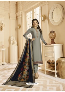 Fabulous Silver Embroidered Straight Salwar Suit