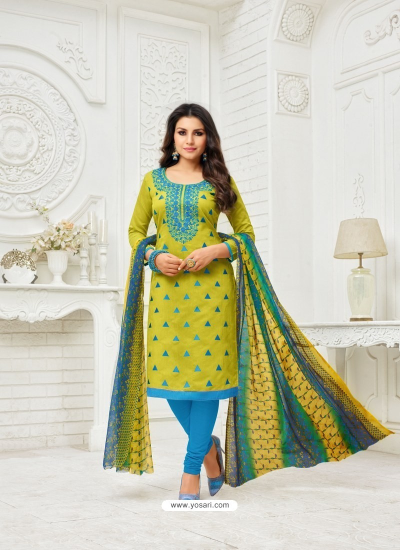 Buy Ravishing Parrot Green Embroidered Churidar Salwar Suit | Churidar ...