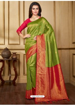 Trendy Parrot Green Designer Silk Sari