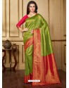 Trendy Parrot Green Designer Silk Sari