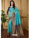 Trendy Sky Blue Designer Silk Sari