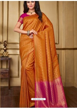 Classy Orange Designer Silk Sari