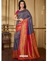 Trendy Navy Blue Designer Silk Sari