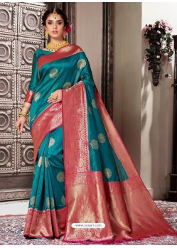 Classy Peacock Blue Designer Banarasi Silk Sari