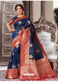 Awesome Navy Blue Designer Banarasi Silk Sari