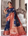 Awesome Navy Blue Designer Banarasi Silk Sari