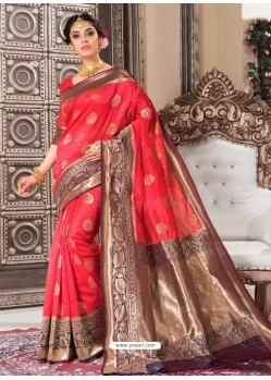 Trendy Crimson Designer Banarasi Silk Sari