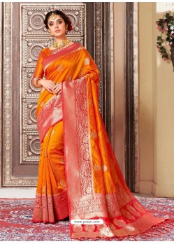 Classy Orange Designer Banarasi Silk Sari