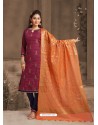 Scintillating Deep Wine Embroidered Designer Churidar Salwar Suit