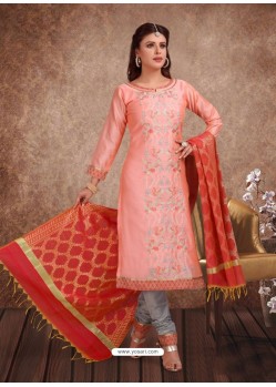 Fabulous Peach Embroidered Designer Churidar Salwar Suit